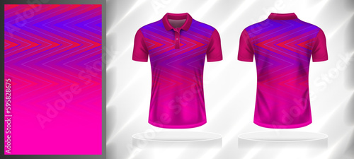 Vector sport pattern design template for Polo T-shirt front and back with short sleeve view mockup. Shades of purple-pink color gradient abstract geometric line texture background illustration.