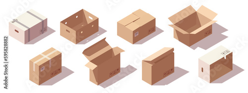 Isometric carton box set. Different types of cardboard boxes. Box for goods and delivery. Vector illustration