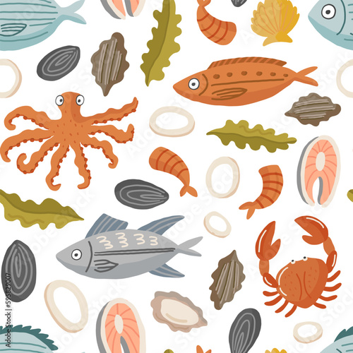 Vector hand drawn colored seamless repeating simple flat pattern with seafood and other underwater creatures in Scandinavian style on a white background. Template for web, print industry, menu