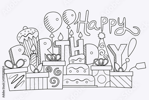Happy Birthday Coloring Page, Colorful and Fun Artwork Design, Vector Graphics for Birthday Parties, Can Be Used as a Fun Activity for Preschool Education, Family Activity at Home or T Shirt Design