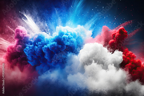 AI generated american flag colors form smoke explosion of cloudy firework at USA independence day