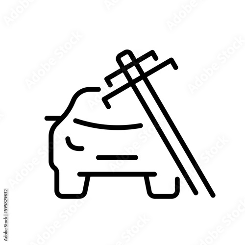 Broken car. Line icon, black, pole smashed the car. Vector icon.