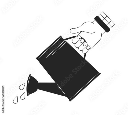 Watering with sprinkling can flat line black white vector first view hand. Pouring water. Editable cartoon style icon. Simple isolated outline spot illustration for web graphic design and animation