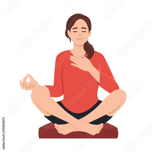 Lifestyle, people emotions, Relaxed and patient smiling young woman with closed eyes meditating to calm down, do breathing exercises with hand on chest