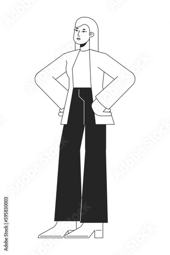 Successful female entrepreneur flat line black white vector character. Editable isolated outline full body person. Owner simple cartoon style spot illustration for web graphic design, animation