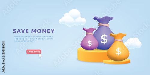 3d vector business, credit payment, investment profit service template banner with three different color money bags symbols on podium stage design