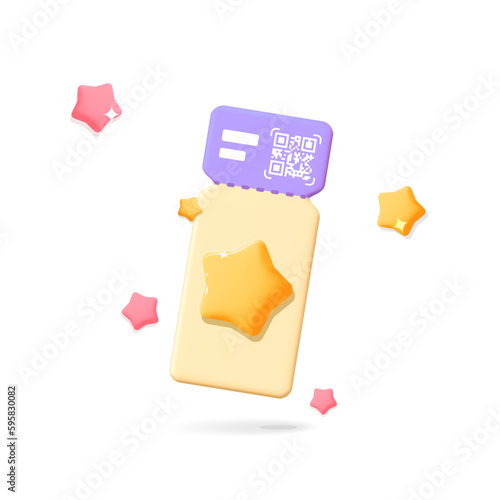 3d vector web element mockup for online buying, purchase, ordering and pay movie cinema ticket coupon with qr code symbol design