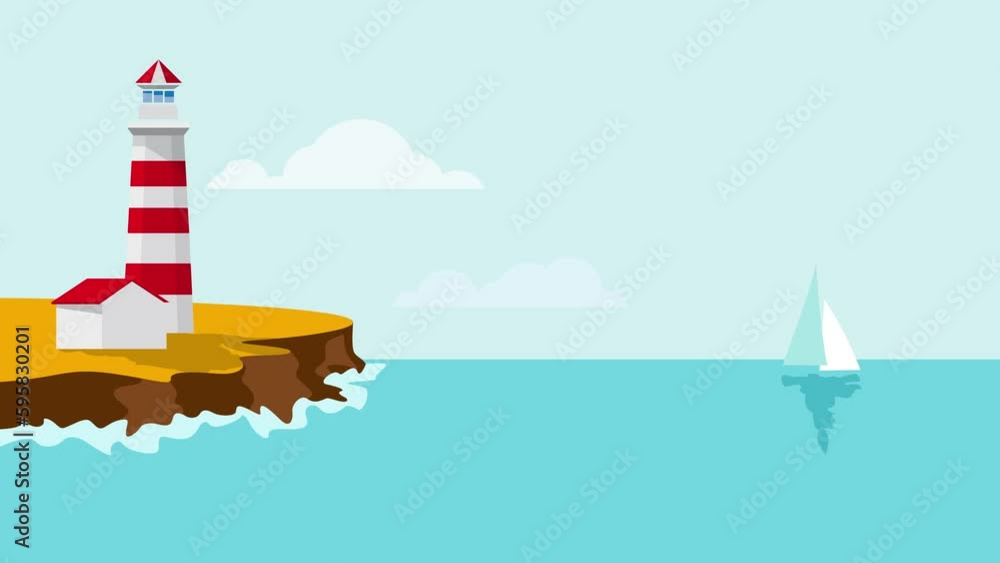 colored Lighthouse on cliff, a sailboat sailing on the sea in summer. Animated illustration colored Lighthouse on cliff, a sailboat sailing on the sea in summer. Animated illustration