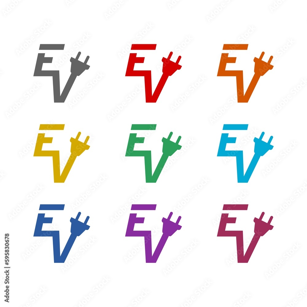 EV with plug icon isolated on white background. Set icons colorful EV with plug icon isolated on white background. Set icons colorful