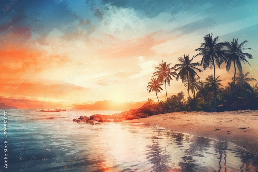Watercolor summer beach with palm trees. Generative AI