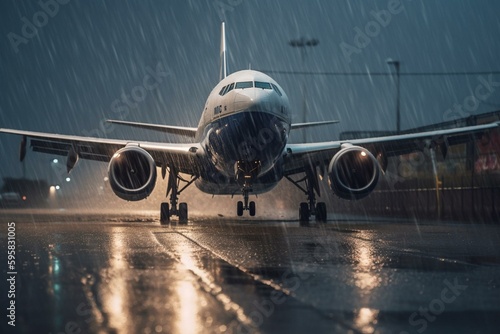 Commercial plane landing in heavy rain. Generative AI