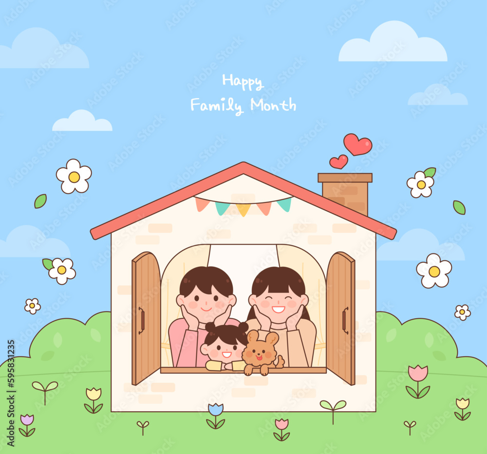 Naklejka premium May family month concept illustration. Happy family with their faces out the window.