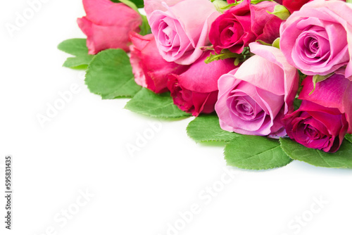 Bouquet of red and pink roses close up on white background