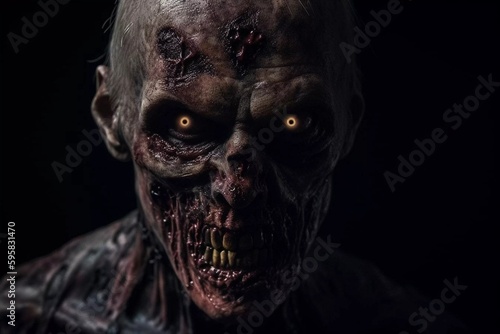 Close up portrait of a old evil zombie male isolated on black background, splatter horror, generative ai