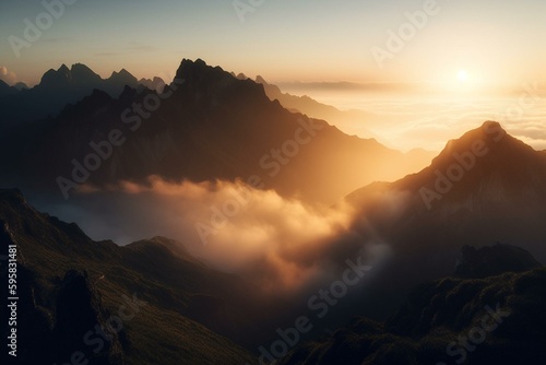 Sunrise mist enveloping mountain peaks. Generative AI