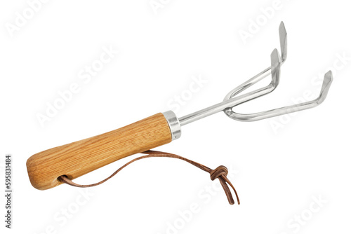 Garden hand grubber with wooden grip isolated on white background photo