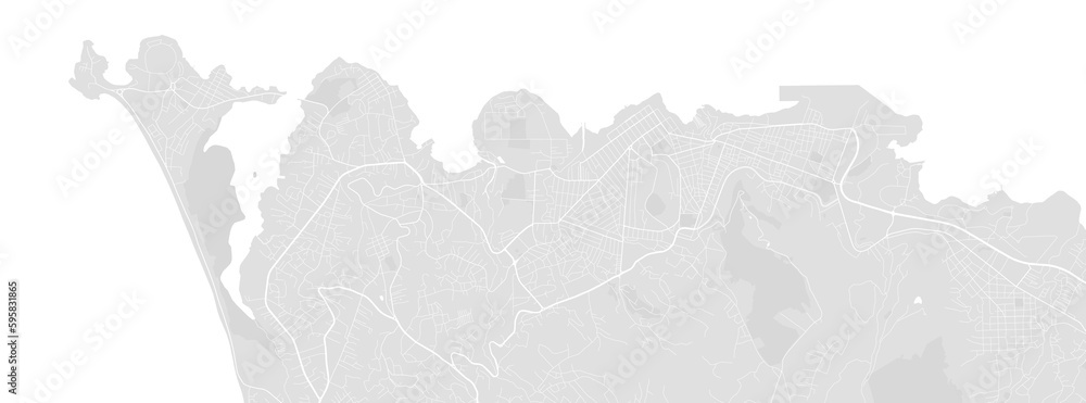 Background Freetown map, Sierra Leone, white and light grey city poster. Vector map with roads and water. Widescreen proportion, flat design roadmap.