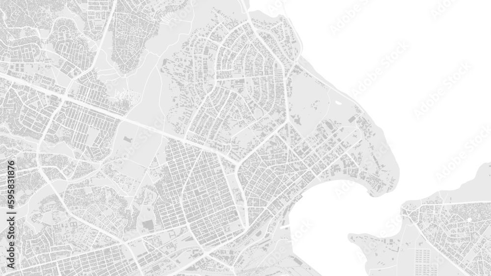 White and light grey Dar es Salaam city area, Tanzania, vector background map, roads and water cartography illustration.