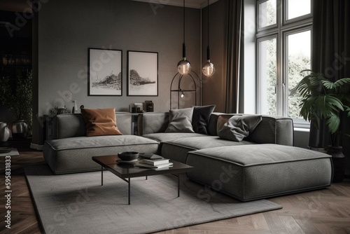 Contemporary lounge with gray couch. Generative AI © Ismael