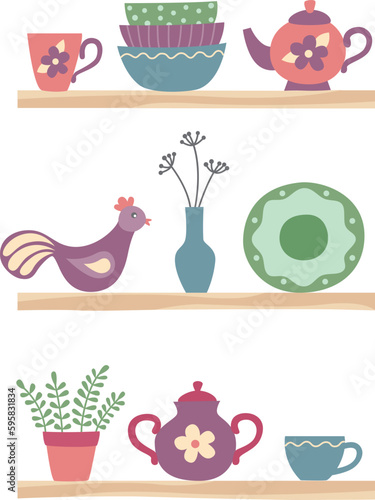 Vector cute illustration with dishes, figurine of bird and plants on shelves