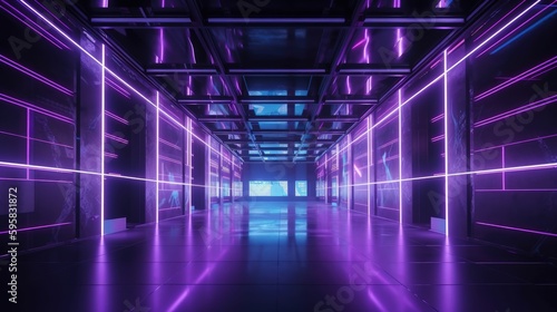 a long hallway with purple neon lights in it, generative AI photo