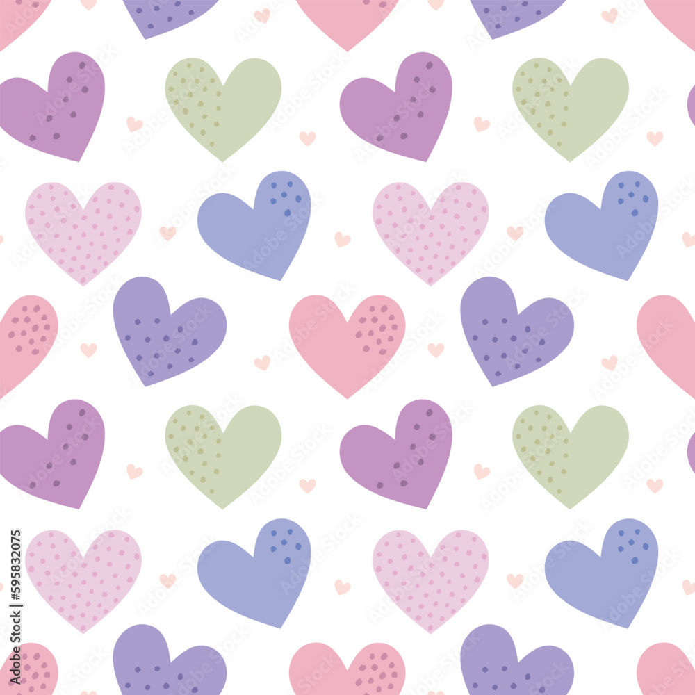 Fun seamless vector pattern with cute various hearts. Vintage pastel illustration. Abstract hand drawn background for wrapping paper, textile, fabric, wallpaper, gift, card, packaging, apparel.