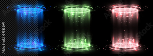 Realistic portal. Game effect of increasing the level and teleportation process, futuristic teleport funnel. Abstract concept of a round insulated floor covering with illumination. 3D vector