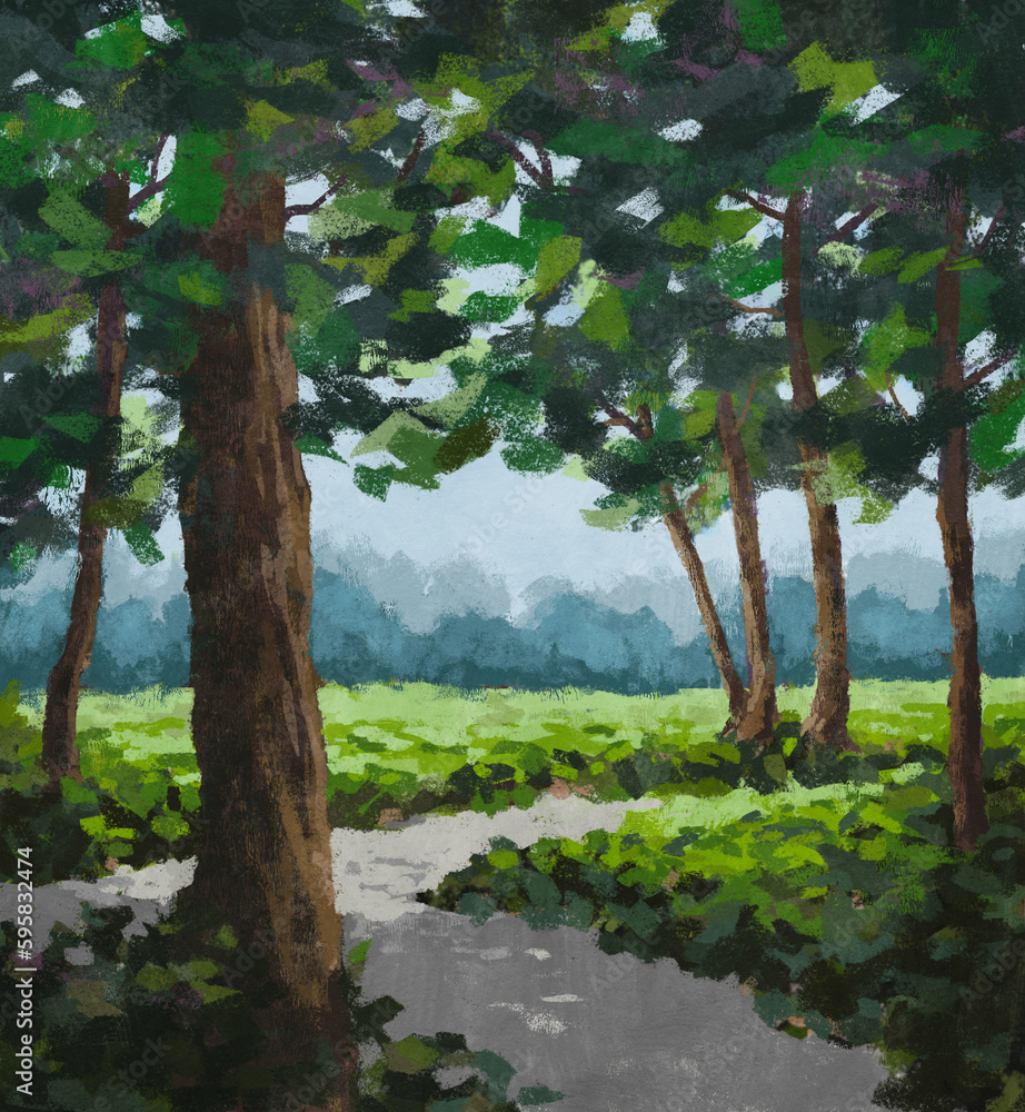 Trees in the park. Hand painted landscape. Versatile artistic image for creative design projects: posters, banners, cards, magazines, prints, covers, brochures, wallpapers. Trees in the park. Hand painted landscape. Versatile artistic image for creative design projects: posters, banners, cards, magazines, prints, covers, brochures, wallpapers.