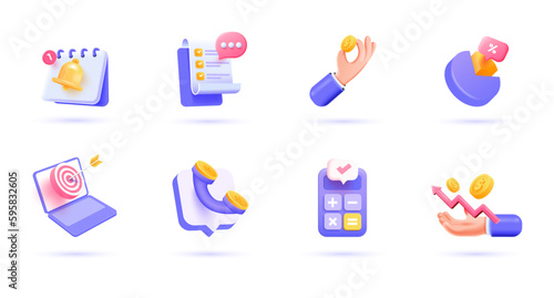 3d Business icon set. Trendy illustrations of Reminder, Clipboard, Seo, Investment, Cash receipt, Newsletter, Calculator, etc. Render 3d vector objects © darkovujic