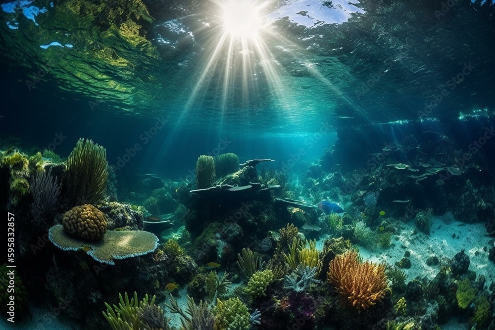Discover UE5's hyper-detailed virtual world with lush jungle, glowing creatures, underwater coral reefs & marine life in ultra-wide angle. Generative AI