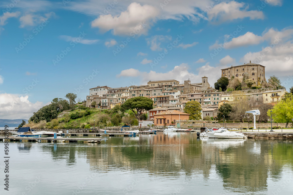The historic center of Capodimonte and the port on Lake Bolsena, Italy