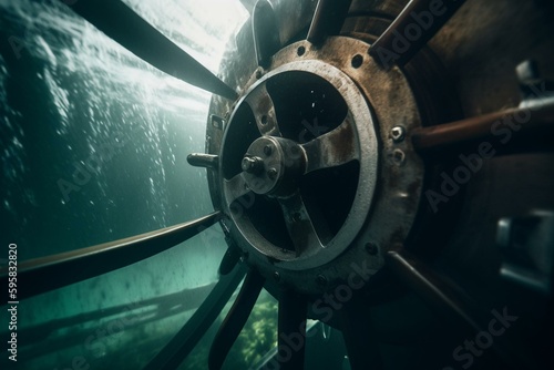 Close-up view from underwater of ship's propeller & rudder underway. Matte-toned. Generative AI