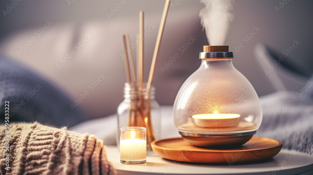 Spa composition with aroma oil diffuser lamp on a blurred background, generative AI.