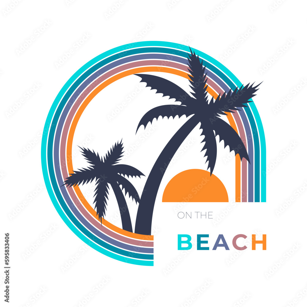tropical vector illustration with palm tree silhouettes at the sunset. 