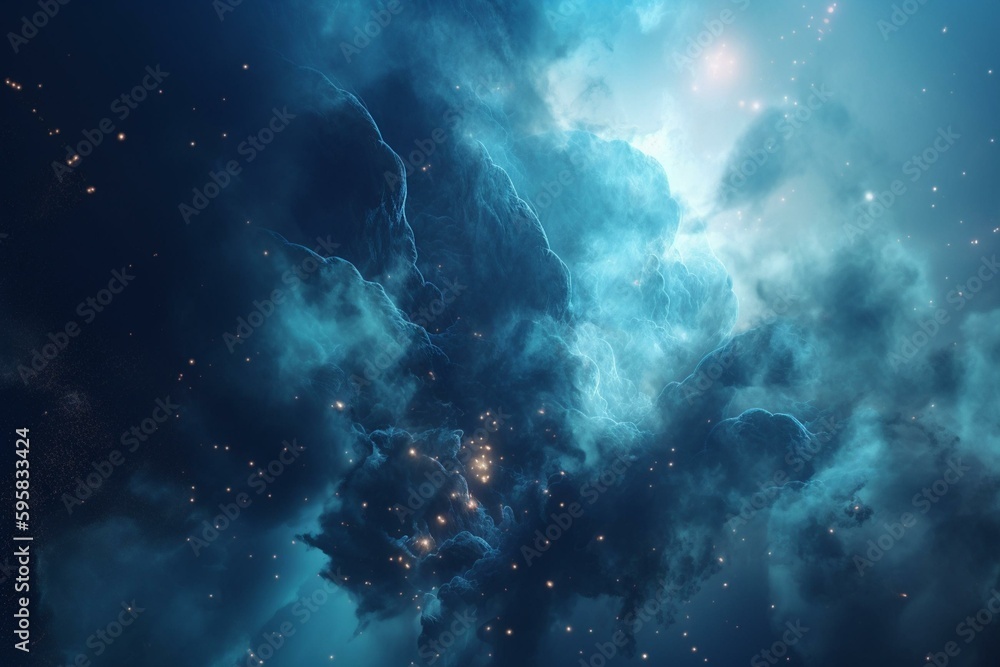 A luminous blue nebula dotted with stars against a fantastical galaxy backdrop. Generative AI