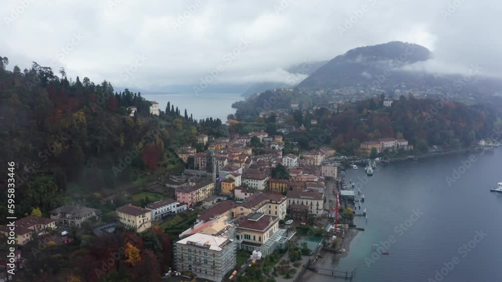 Bellagio and Lake Como Italy. Aerial View of Town and Lakefront Buildings on Cloudy Autumn Day Bellagio and Lake Como Italy. Aerial View of Town and Lakefront Buildings on Cloudy Autumn Day