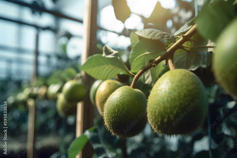 Kiwi picking season. Kiwi on a kiwi tree plantation greenhouse with