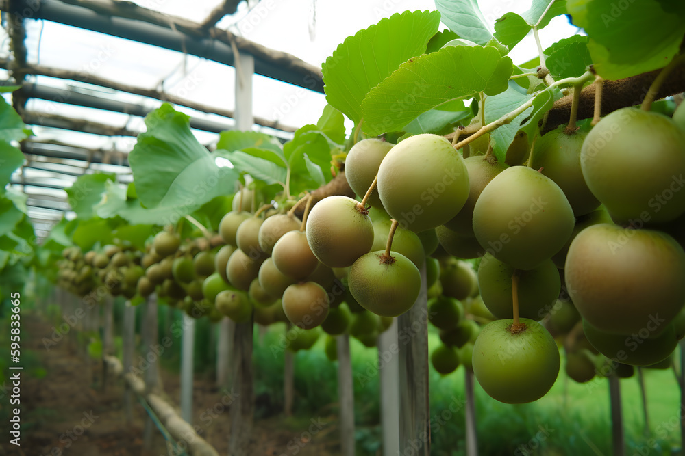 Kiwi picking season. Kiwi on a kiwi tree plantation greenhouse with