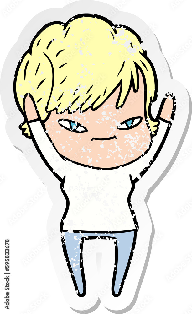 distressed sticker of a cartoon happy woman distressed sticker of a cartoon happy woman