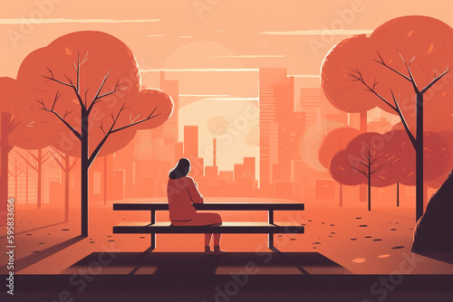 Rear view of unrecognizable lonely woman resting sitting at table in autumn park, relax outdoors flat illustration. Generative AI