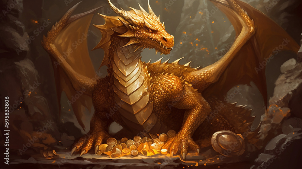 regal gold dragon with shimmering scales, ai generated Stock Illustration