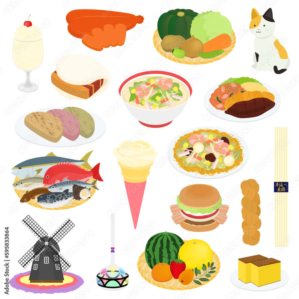 長崎県の名物のイラストセット 長崎県の名物のイラストセット