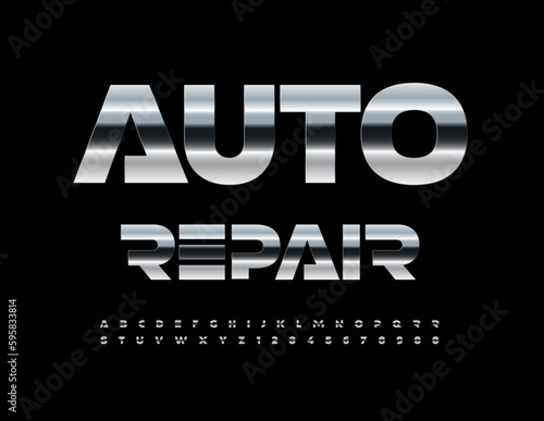 Vector industrial emblem Auto Repair. Futuristic silver Font. Metallic Alphabet Letters and Numbers set