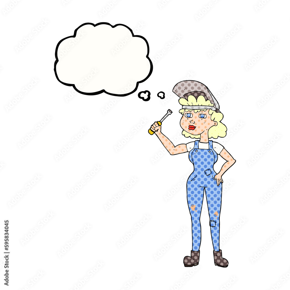 freehand drawn thought bubble cartoon female mechanic freehand drawn thought bubble cartoon female mechanic
