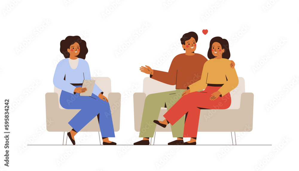 Psychological therapy with young family in doctors office. Female psychotherapist has session with embracing couple and sees positive results. Mental health care and relationship in pair. Vector - obrazy, fototapety, plakaty 