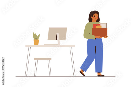 Dismissed woman holds box and leaving her workplace. Quitting female employee going out from office with personal things.Reduction of staff and resign concept. Vector illustration