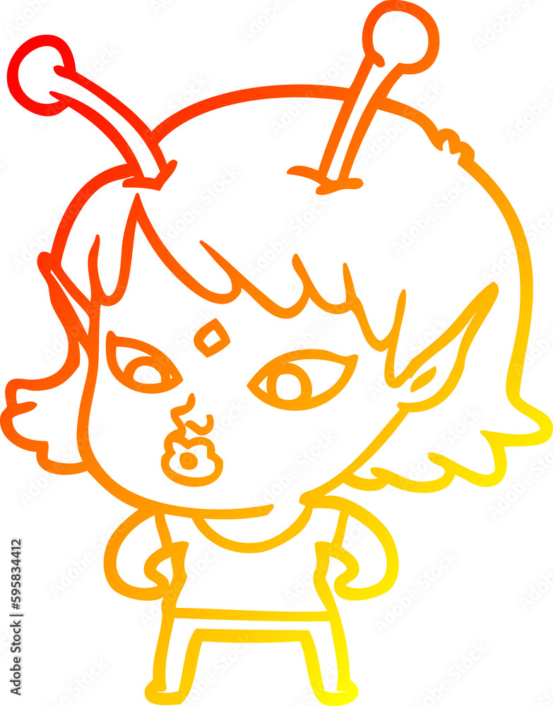 warm gradient line drawing of a pretty cartoon alien girl warm gradient line drawing of a pretty cartoon alien girl