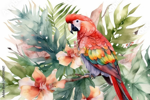exotic flower watercolor with a parrot and palm foliage from the tropics. Red macaw  generative AI