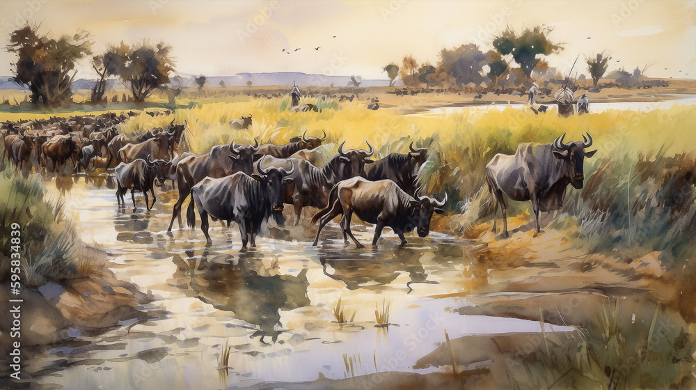 Obraz premium Watercolor painting showing a herd of wildebeest crossing a river in the savannah - ai generative