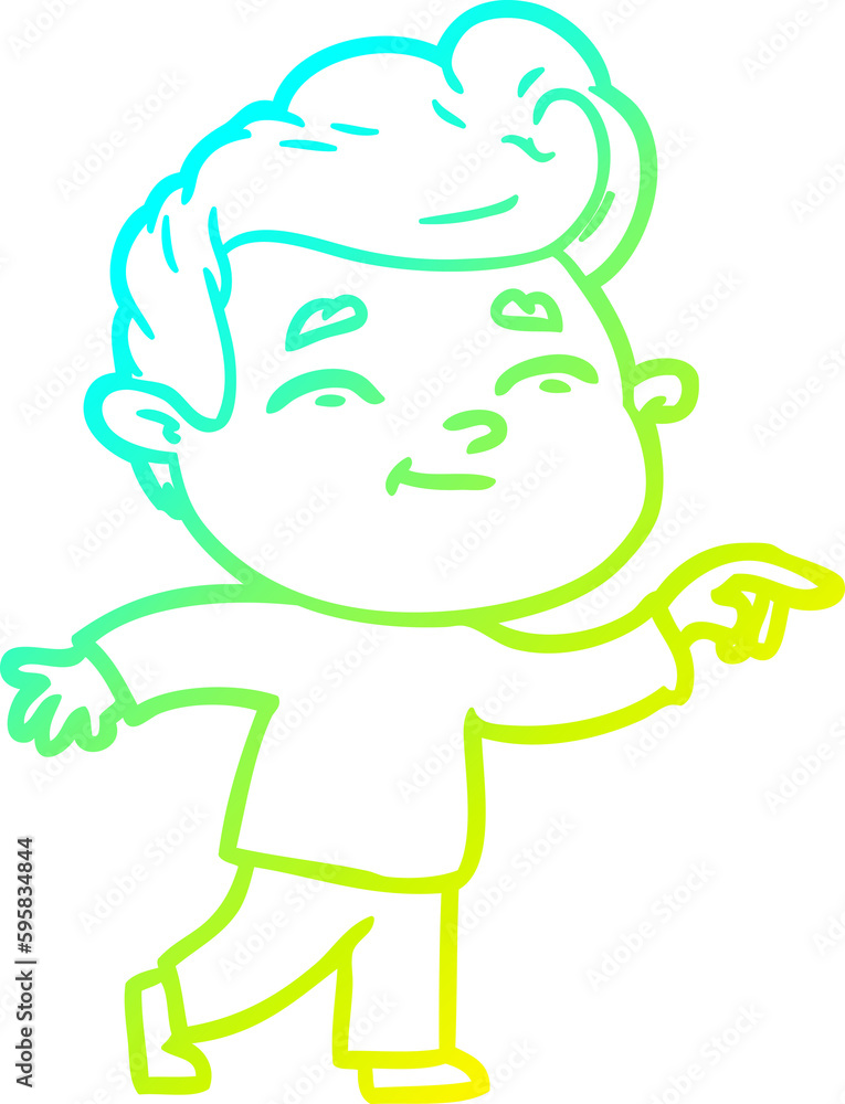 cold gradient line drawing of a happy cartoon man pointing
